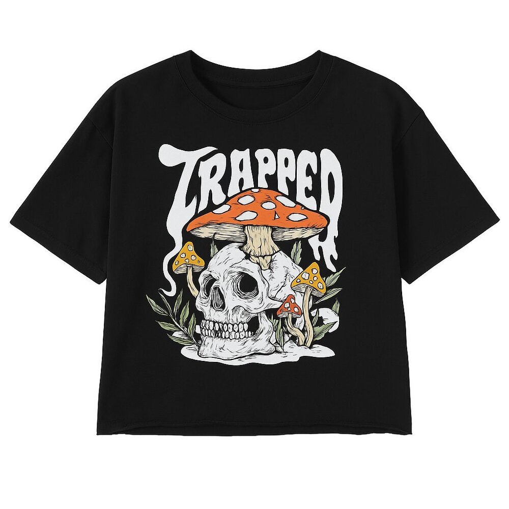 SHEIN Black Short Sleeve Graphic Tee with Orange Mushroom Skull Print